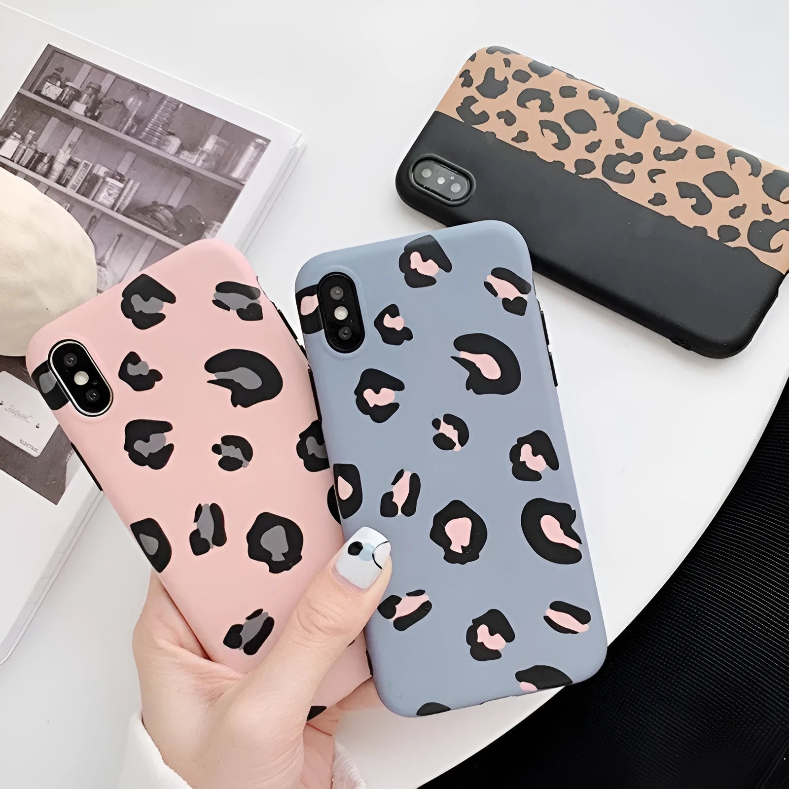 Leopard phone case for iPhone XS XR XS Max X 6 6S 7 8 Plus in black colour, showing back view