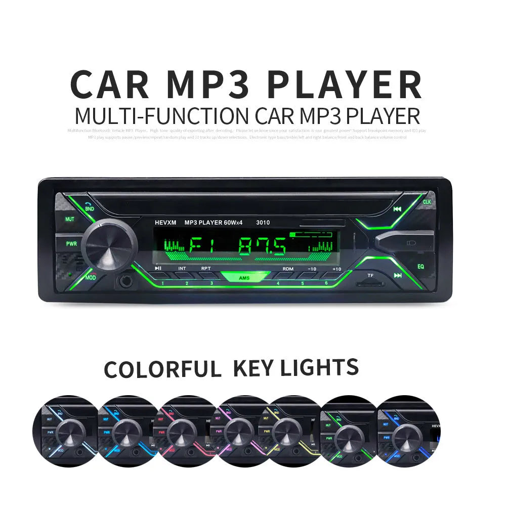 Car stereo MP3 player unit with Bluetooth, LCD display, USB/TF slots, and control buttons