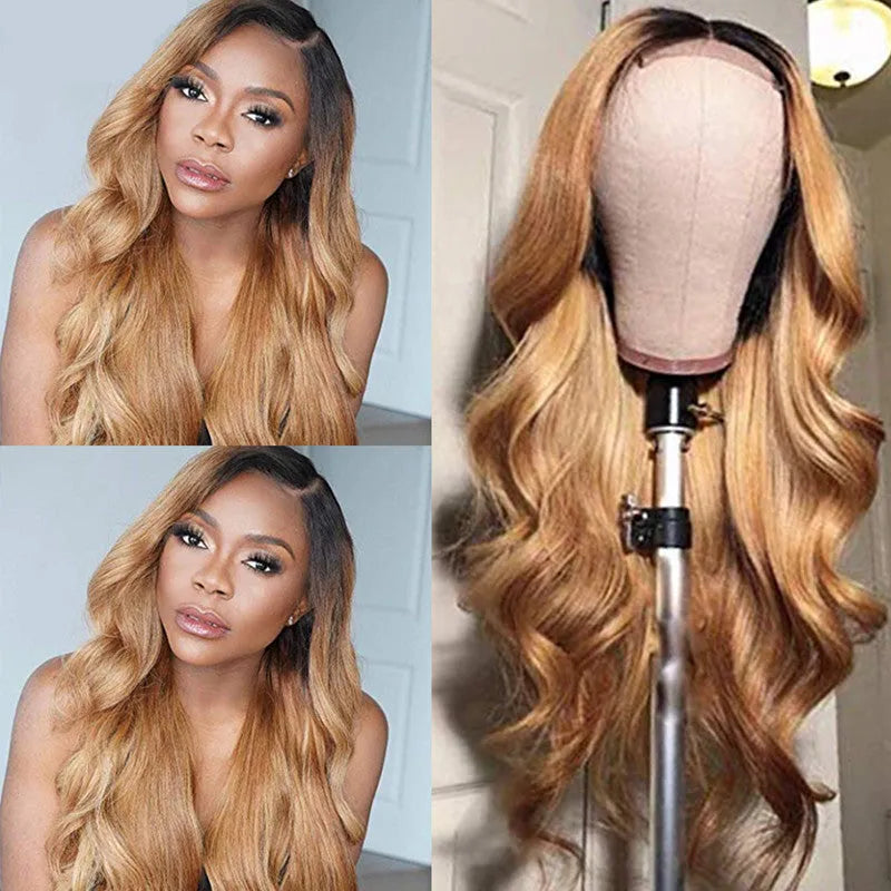Golden fluffy big wave wig long hair high temperature wire ladies wig Gold colour front view