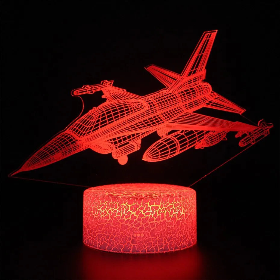 Cartoon aeroplane shaped LED night light with a touch-sensitive switch and acrylic shade.