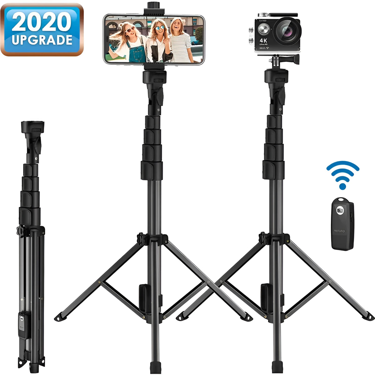 Black aluminium selfie stick tripod with 5 sections, compatible with Apple iPhones