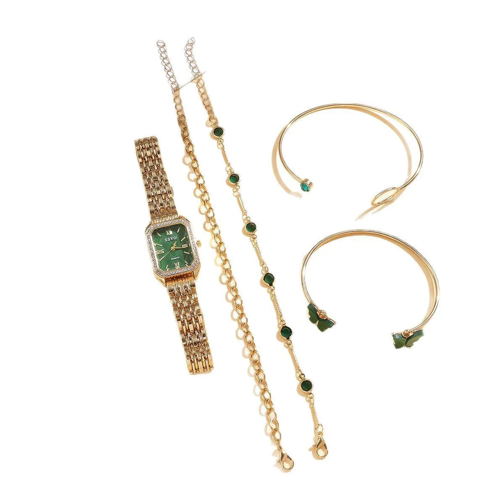 Women's green gold square watch with matching bracelets, alloy case, 25mm dial, jewellery buckle