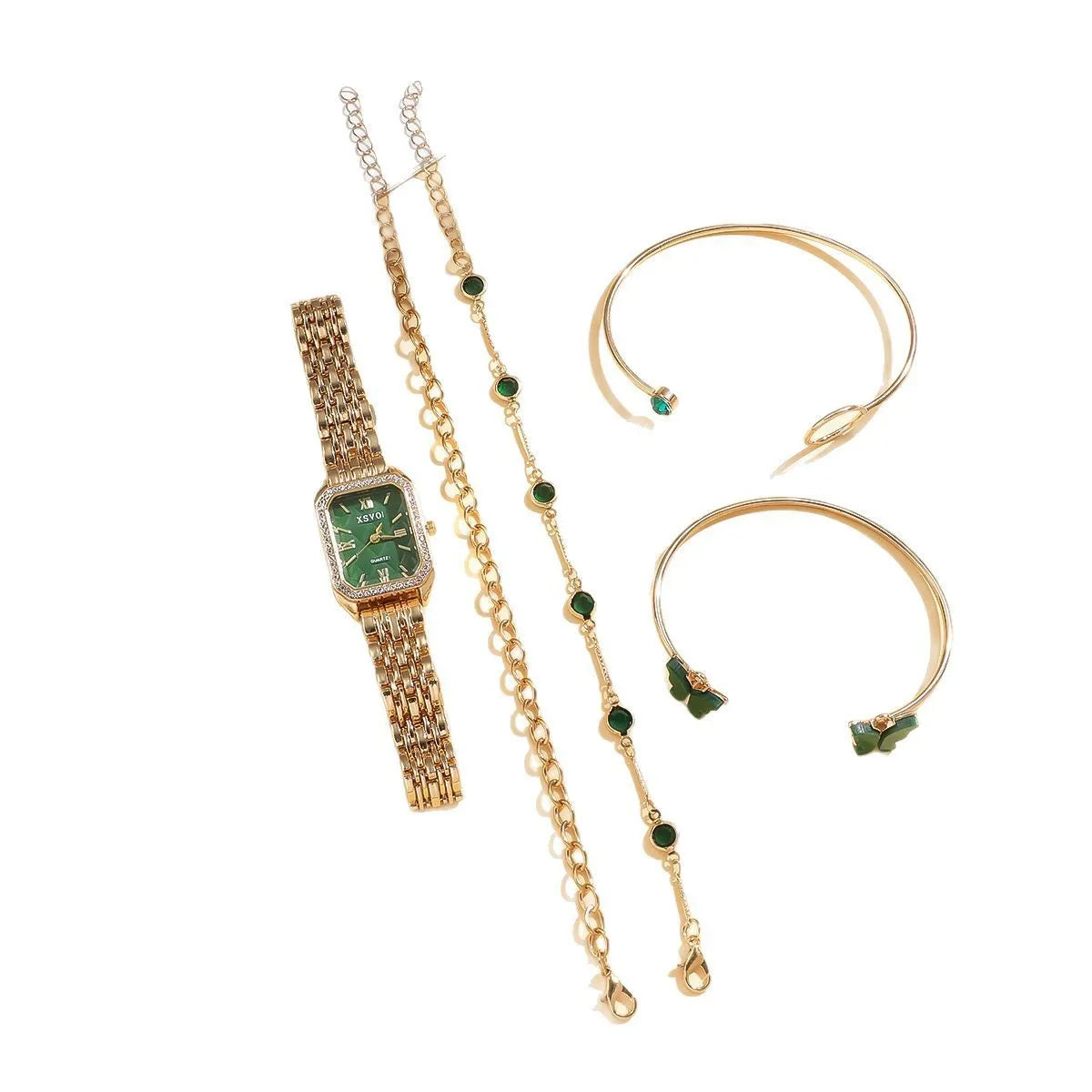 Women's green gold square watch with matching bracelets, alloy case, 25mm dial, jewellery buckle