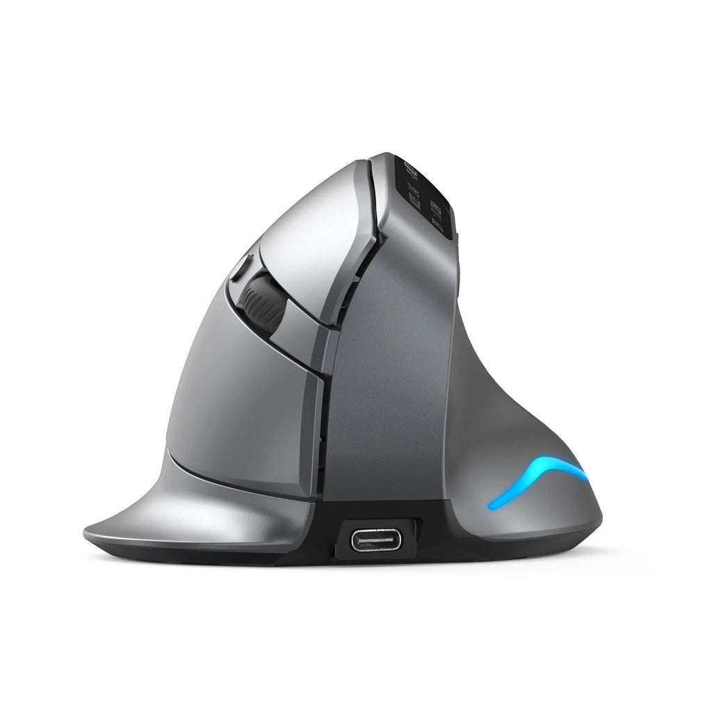 Grey vertical wireless mouse with self-charging system and Bluetooth connectivity