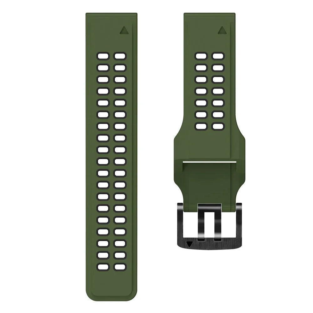 Two-colour quick release silicone watch strap in black and orange with double-row holes and pin buckle