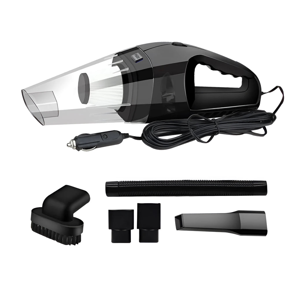 Portable handheld car vacuum cleaner in orange, black or blue with 12V plug and attachments