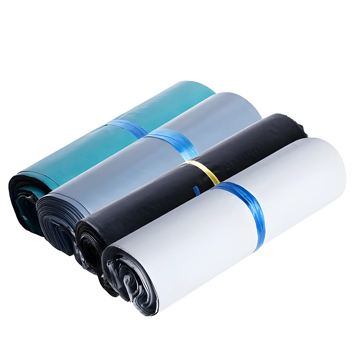 A bundle of 100 clear PE courier bags with self-adhesive sealing stickers in various sizes.
