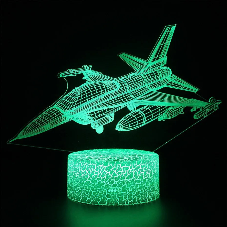 Cartoon aeroplane shaped LED night light with a touch-sensitive switch and acrylic shade.
