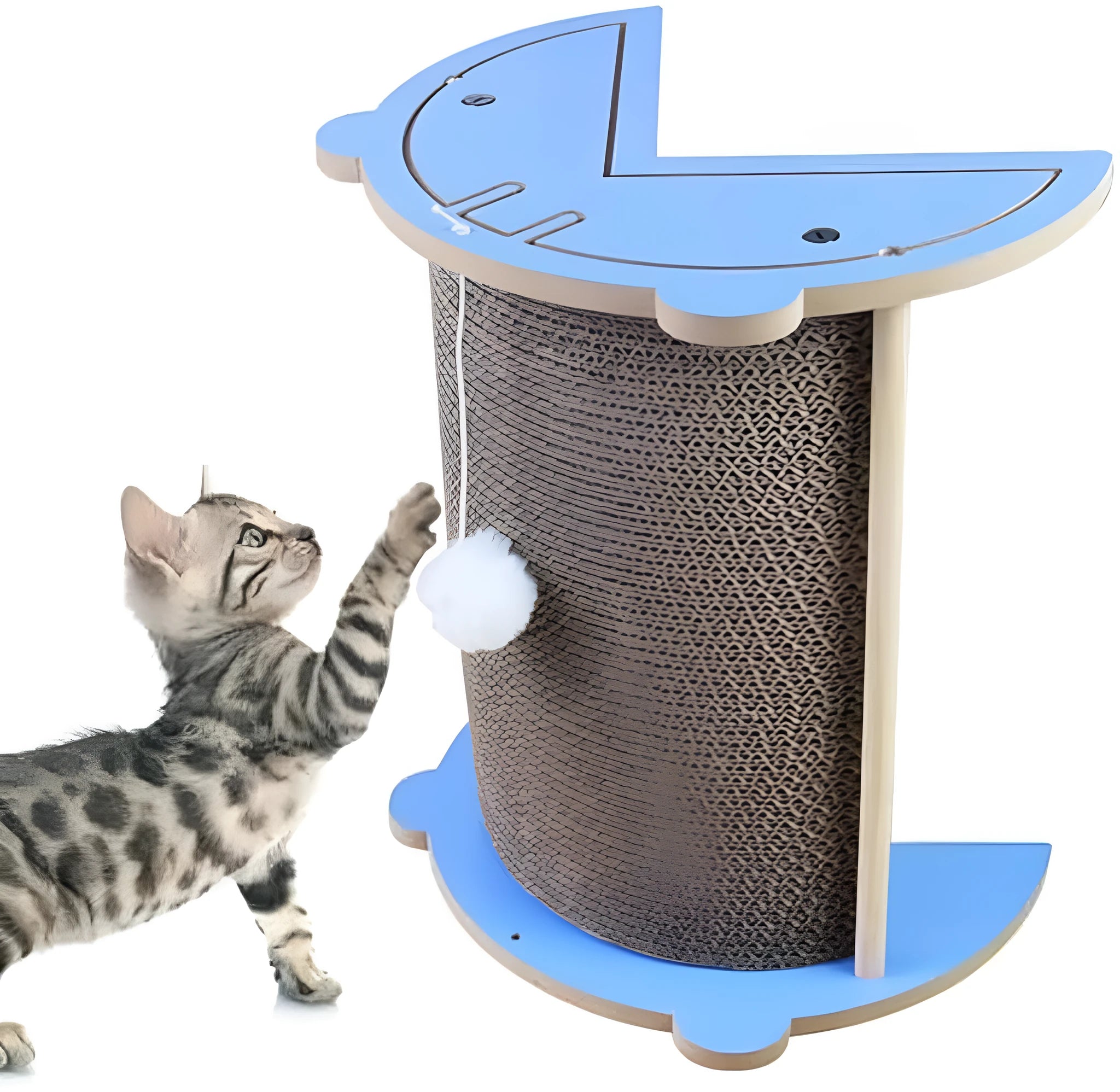 Corner-shaped cardboard cat scratching pad with a hanging ball attached, placed in a room corner.