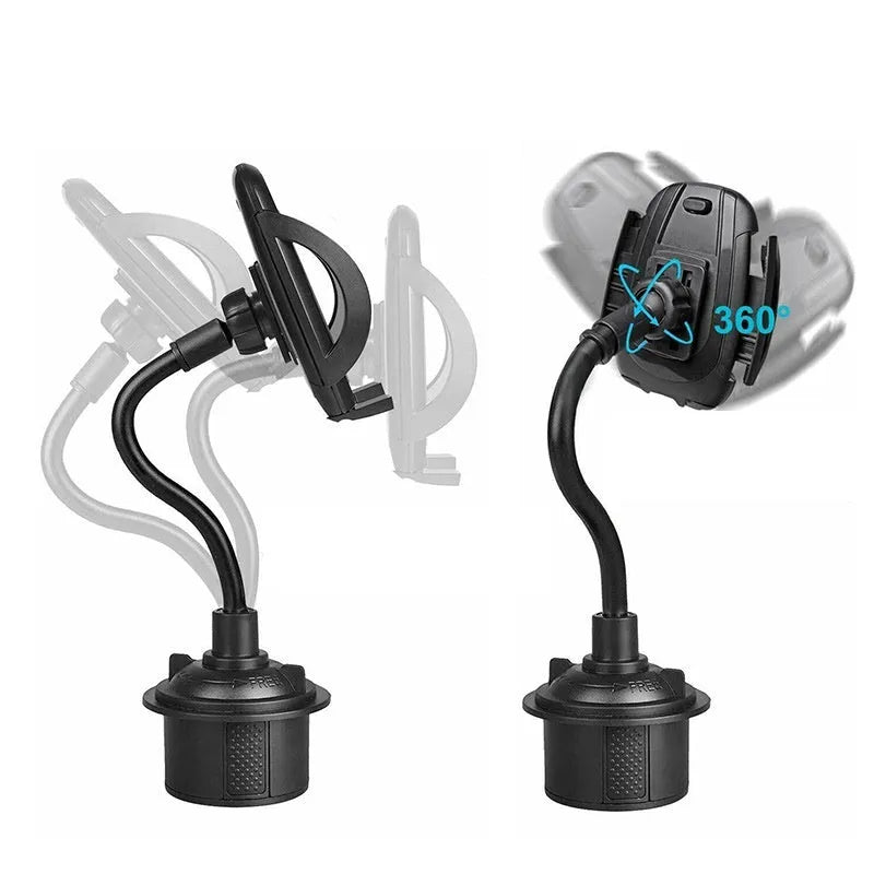 Black car cup holder mobile phone mount with ABS and aluminium tube encapsulation, placed in car cup holder