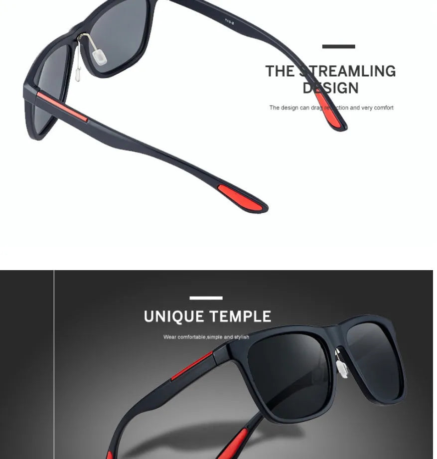Men's photochromic square sunglasses with UV400 protection and resin lens in black with red edge