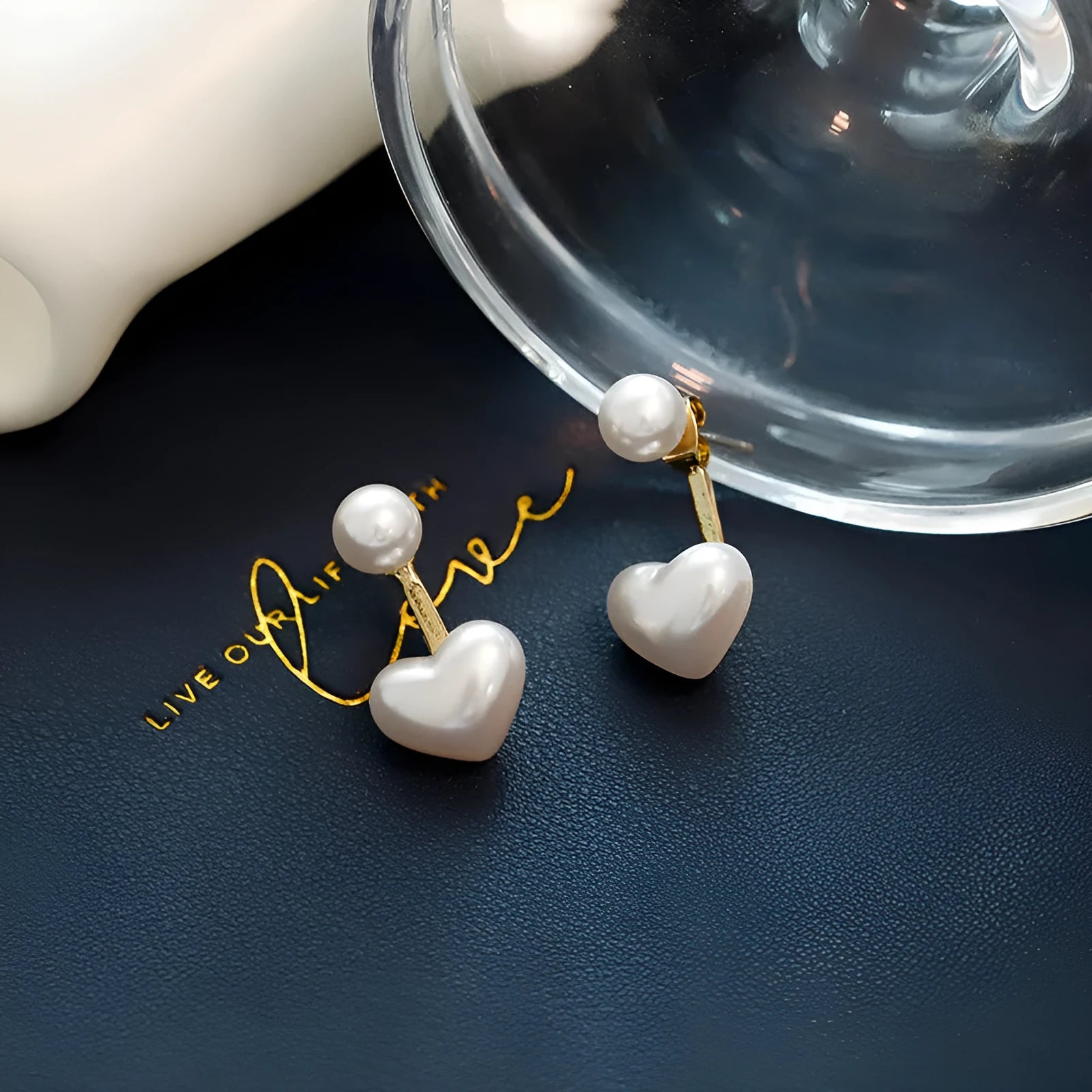 Heart-shaped alloy stud earrings with electroplated finish and artificial gem inlays in Korean style