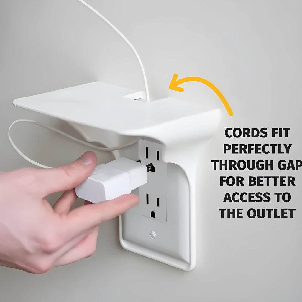 White PP plastic socket rack measuring 14x10x15cm designed to hold power strips and organise cables on a desk.