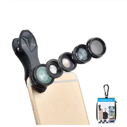 Universal 5-in-1 clip-on phone lens kit with wide angle macro fisheye telephoto and CPL lenses in black