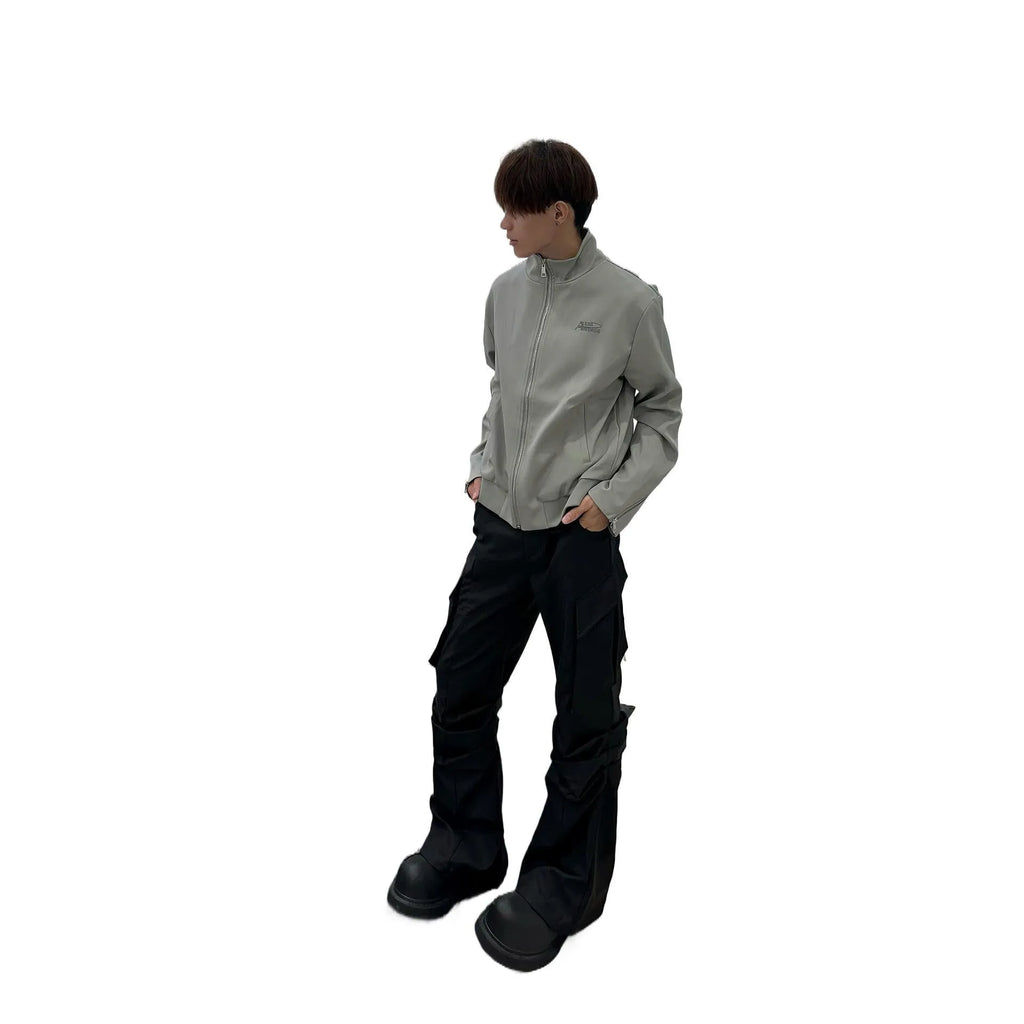 Men's black cargo trousers with large side pockets, straight-leg cut, on a plain background