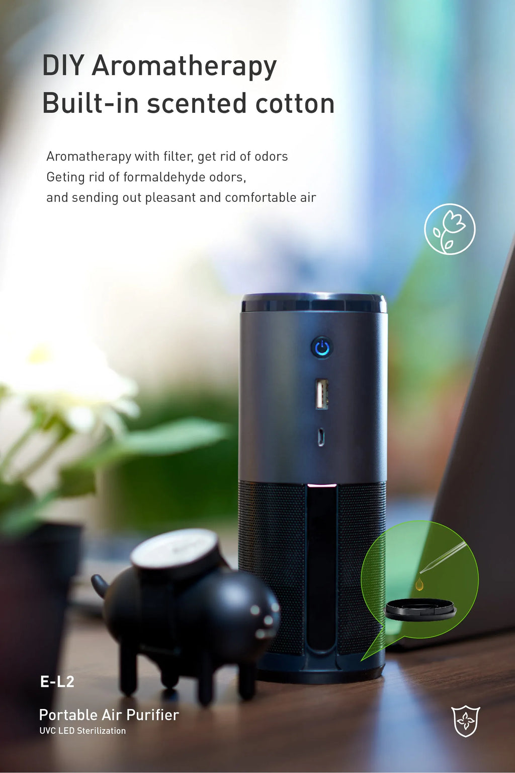 Black portable mini car air purifier with smart sensor display on a metal body