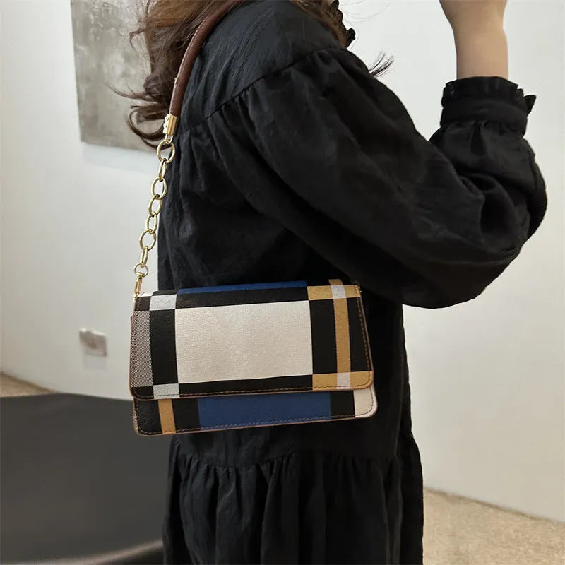 One-shoulder portable underarm small square bag in soft PU with colour contrast patchwork, available in multiple colours