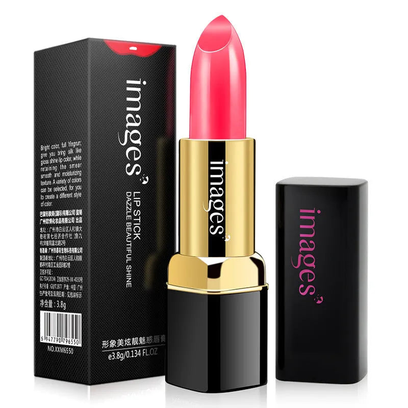 3.8g moisturising lipstick lip gloss in a compact case, available in 10 colours including Coral Red and Classic Red.