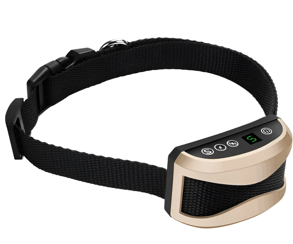 Electronic dog training bark collar with digital display and adjustable strap in black colour