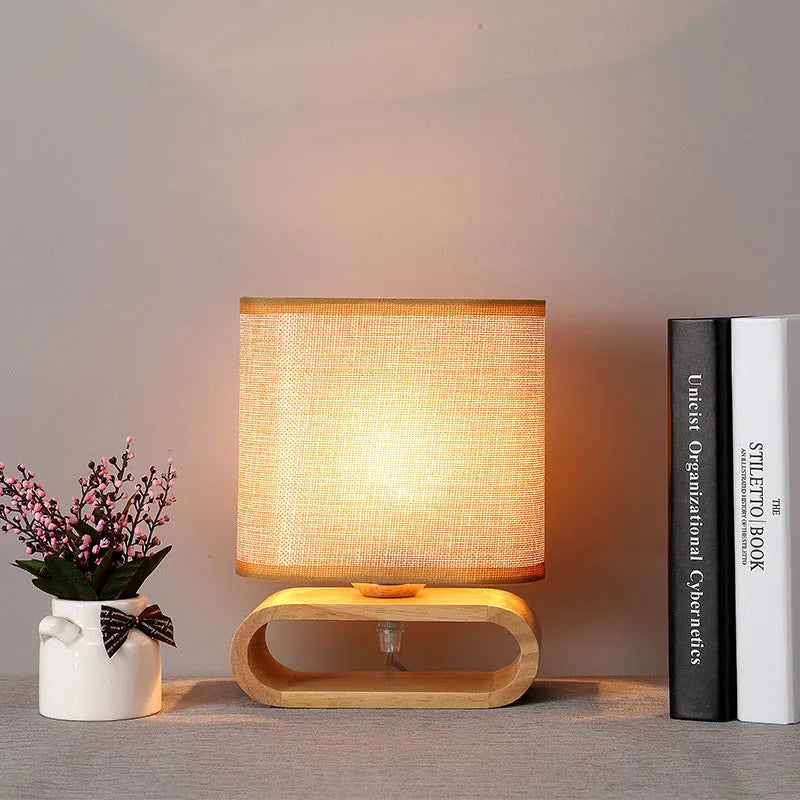Nordic Japanese bedside table lamp with rubber wood holder, 170mm diameter, 230mm height, natural wood finish