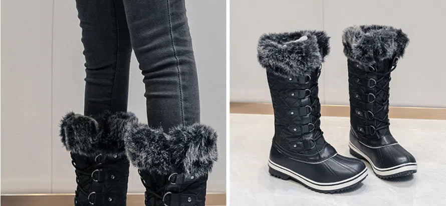 Women's high-top flat snow boots in black synthetic leather with round toe and high-top shaft