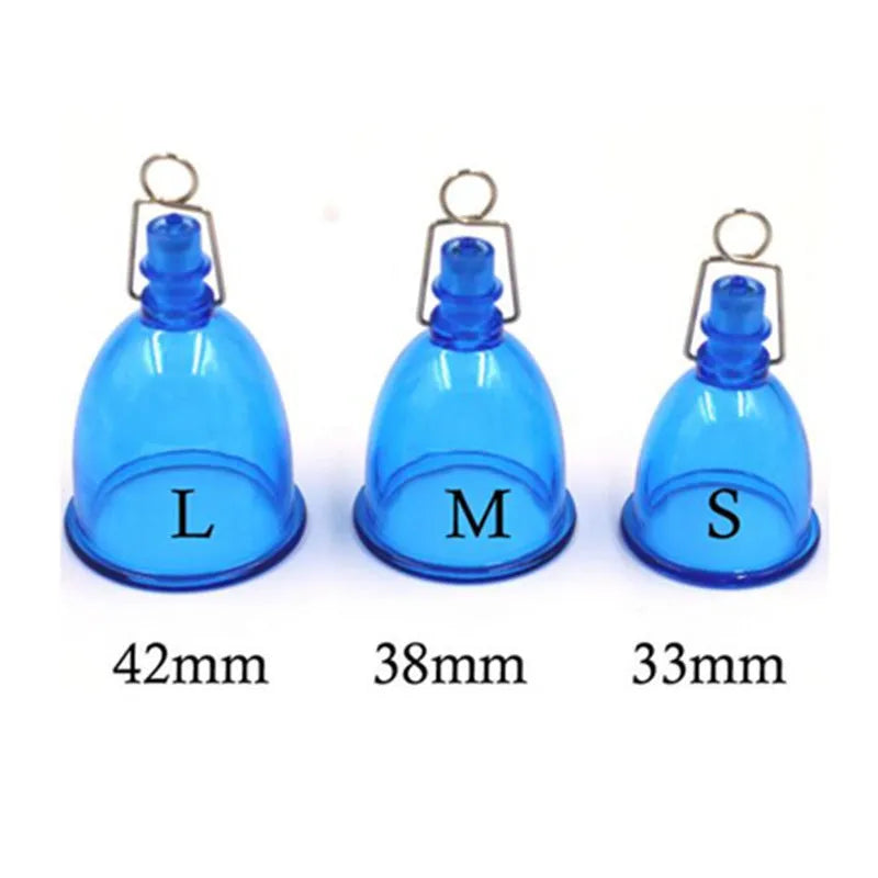 Blue silicone male masturbator cup stretch exerciser in small, medium, and large sizes
