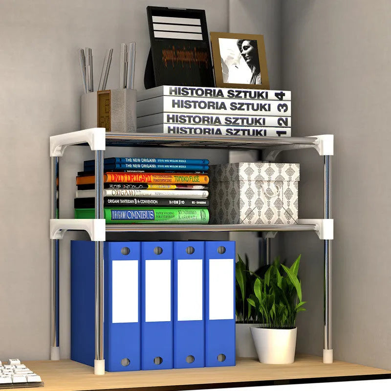 Two tier silver and white kitchen shelf rack with iron tubes and plastic connectors, 22.4 inches wide