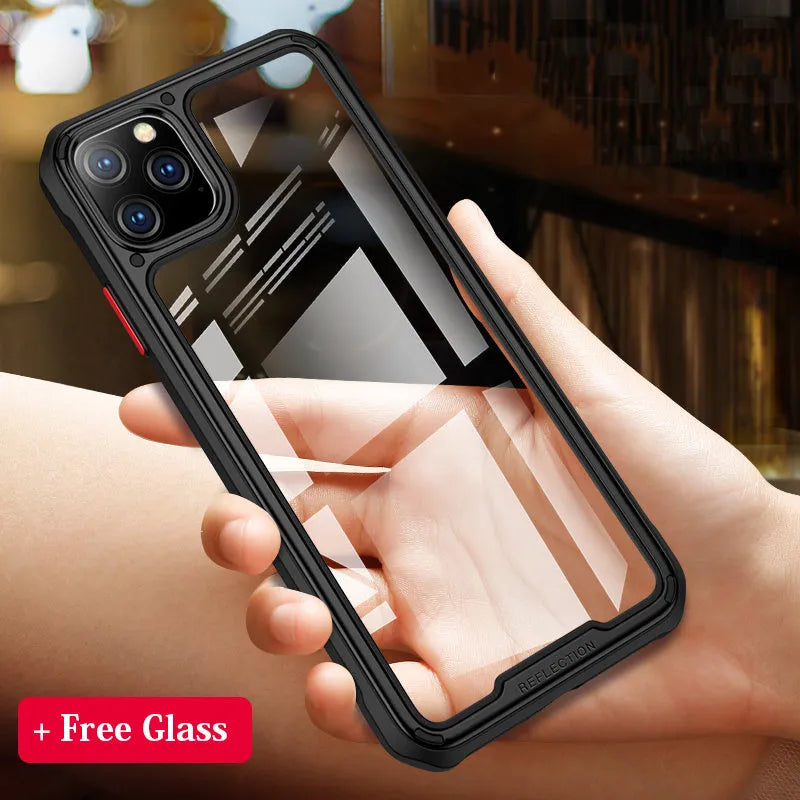 Transparent silicone phone case for iPhone 11 on a table, showing gold colour option.