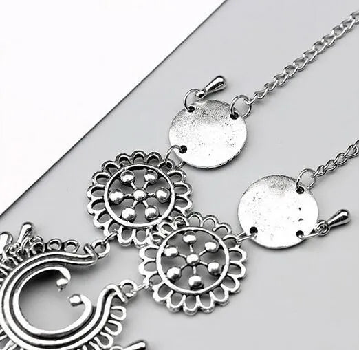 Antique silver hollow flower chain anklet for women, 24cm teardrop style barefoot sandals
