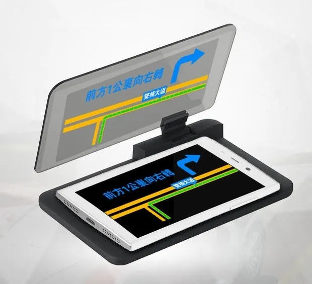 Grey universal smartphone navigation holder with organic glass panel for car centre console.