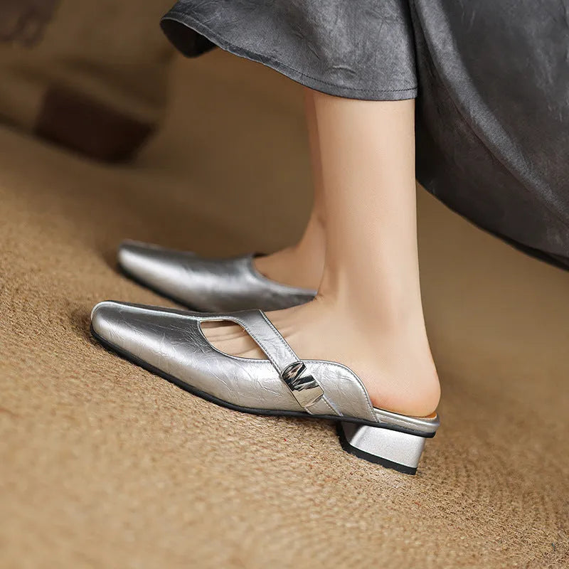 Low heel square toe outdoor slippers in black, beige, or silver with rubber sole