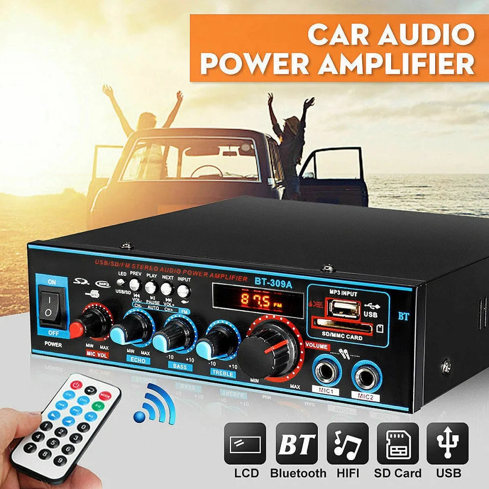 Black BT-309A-A dual-purpose Bluetooth power amplifier with remote control for home and car audio.