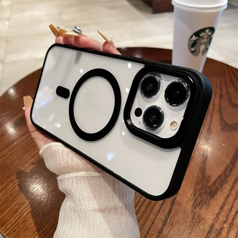 Acrylic magnetic soft edge phone case for iPhone 15 with anti-fingerprint finish in black colour
