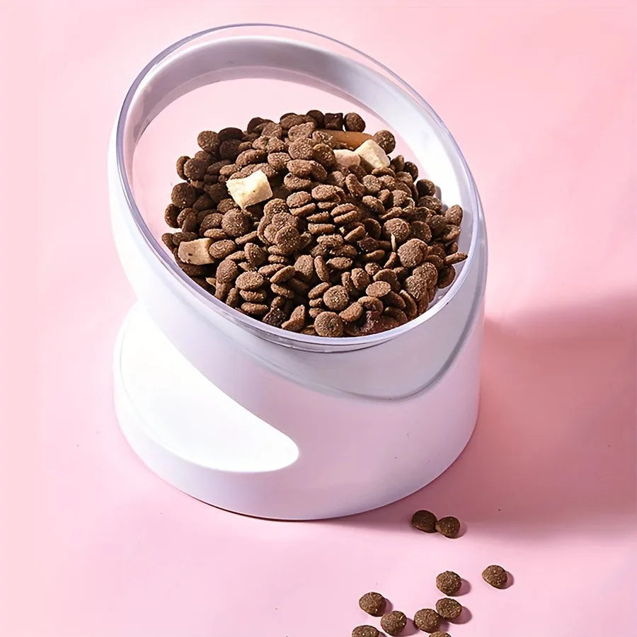 White elevated cat food bowl with ergonomic tilt design for comfortable feeding