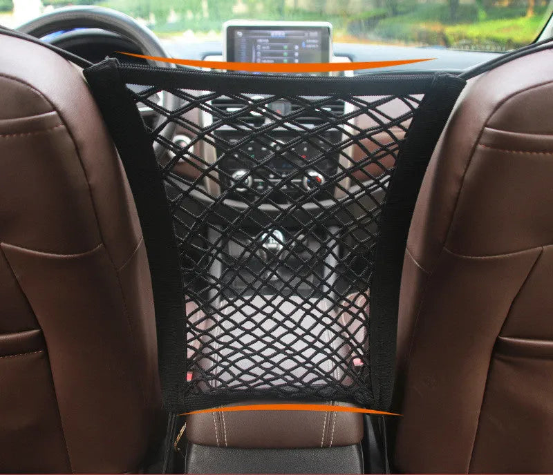Black nylon car seat storage net pocket between front seats, 27x39x10cm universal fit