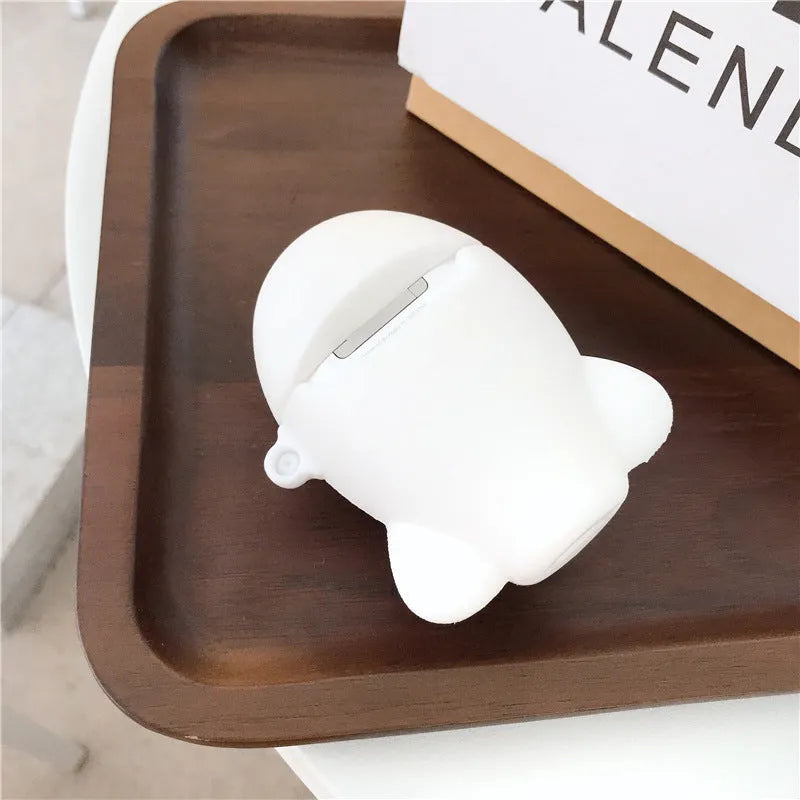 Silicone flip-cover protective case for AirPods 1 and 2 with airplane headset cartoon print and carry hook.