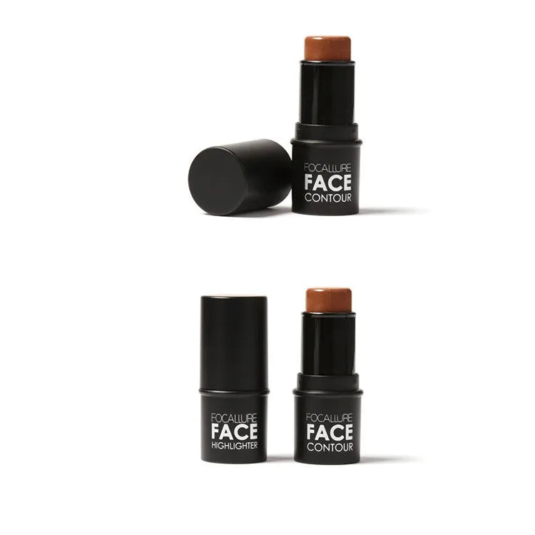 Face contour highlighter stick with attached sponge applicator in one of four shades.