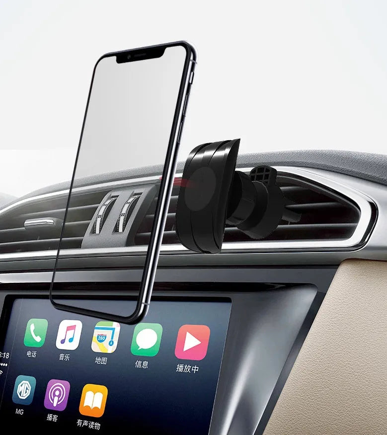 Black car phone holder mounted on car air vent with adjustable clamp mechanism
