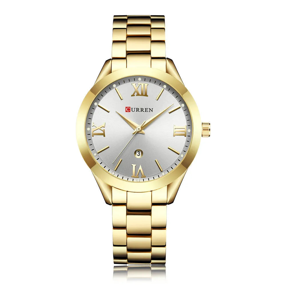 Curren 9007 rose gold women's quartz watch with stainless steel band, 30mm dial, round alloy case