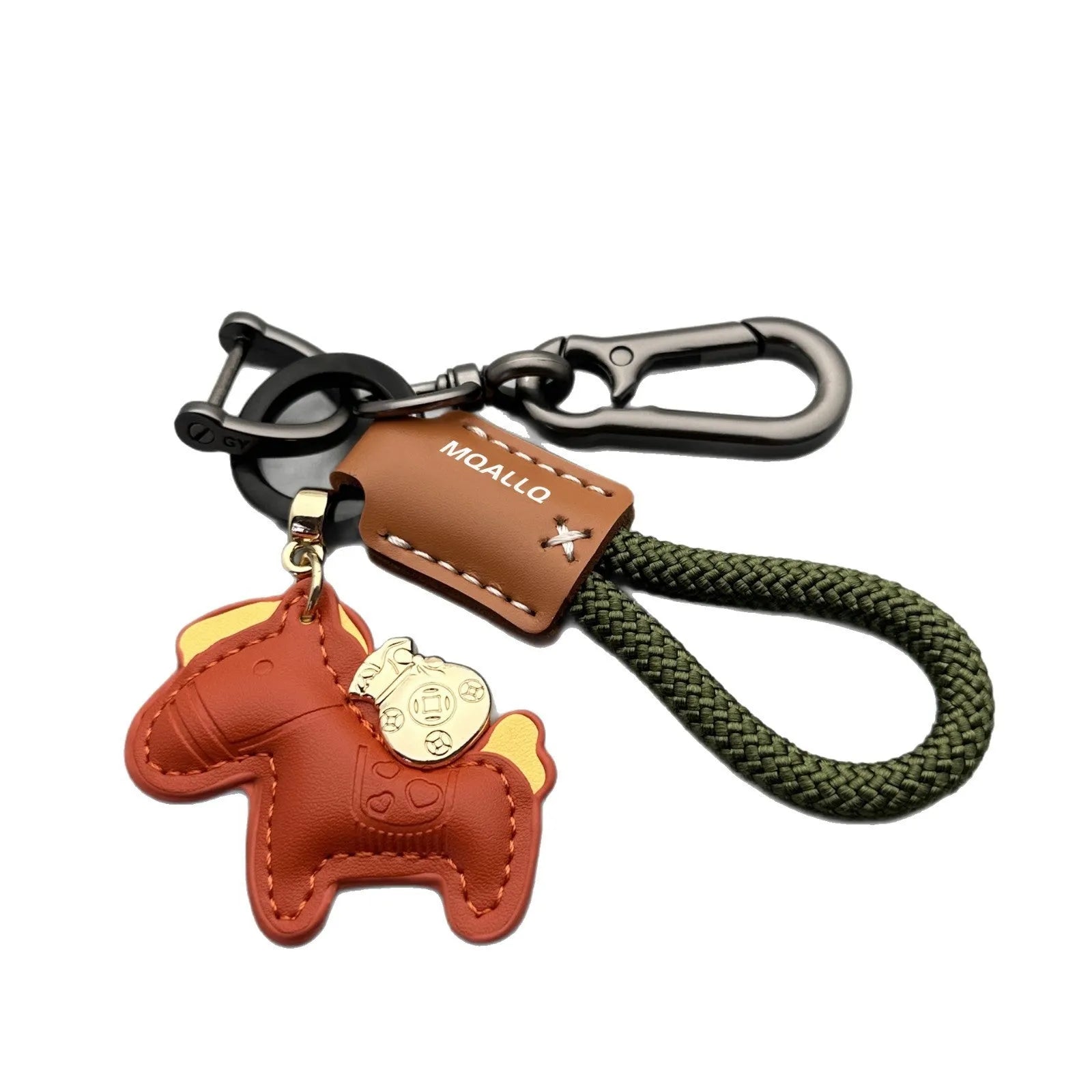 Handmade car keychain with a zinc alloy pony charm on a cowhide cord, shown in multiple colour options.