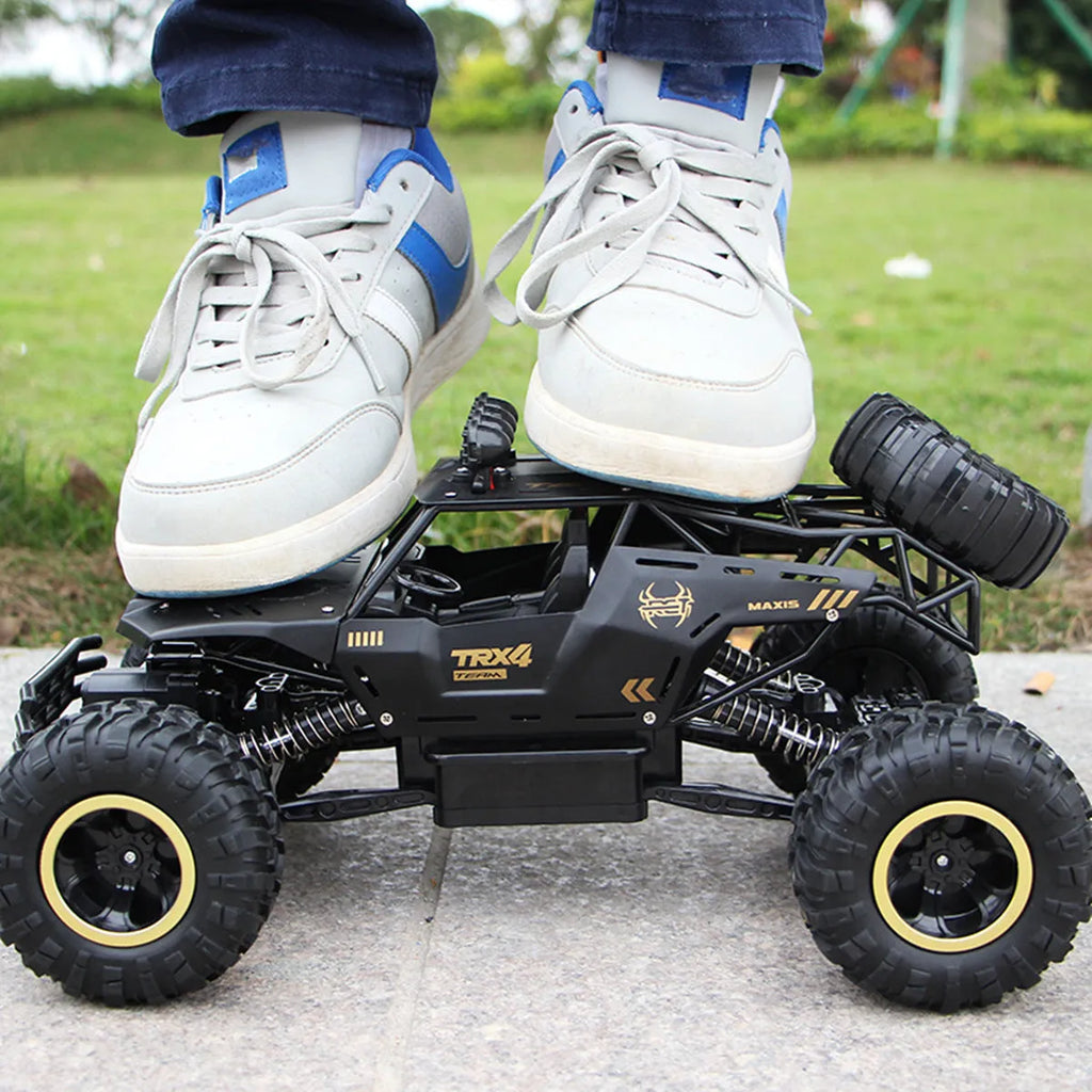 Black and silver 2.4G wireless remote control four-wheel drive car on a rough surface.