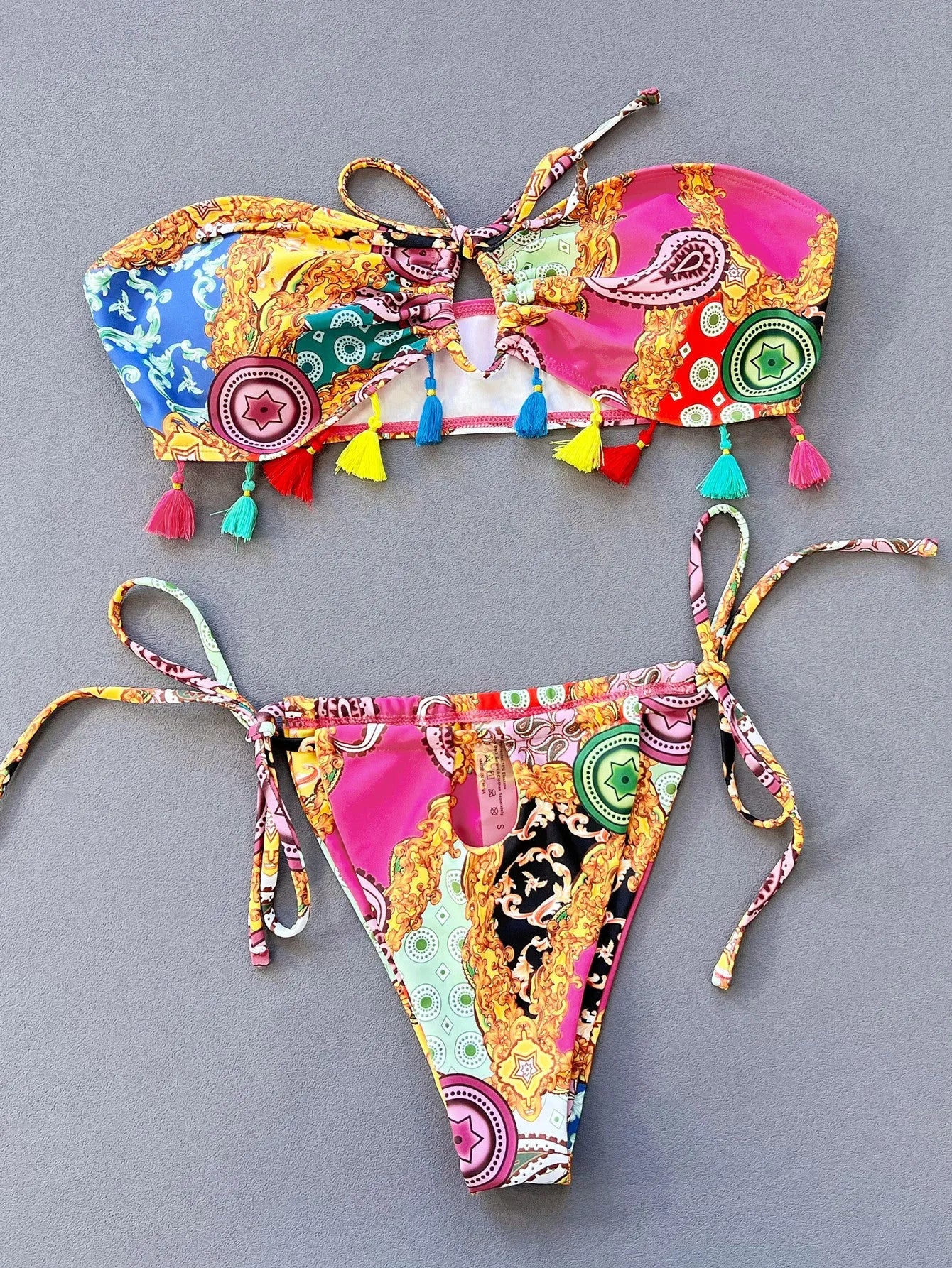Women's printing pattern bikini set with tube top and briefs in polyester fabric