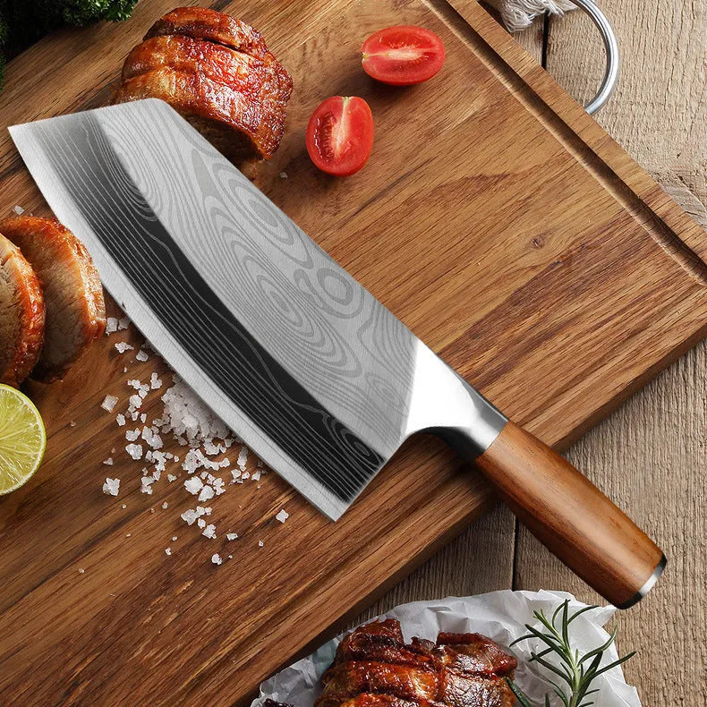 A long 320mm stainless steel kitchen knife with a forged 40Cr13 blade on a kitchen counter.