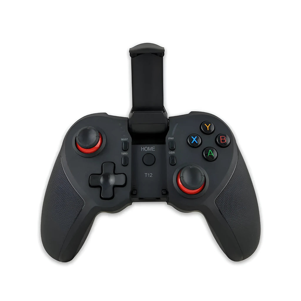 Black wireless Bluetooth game controller for Android iOS PC, 17.5 cm long, on light background