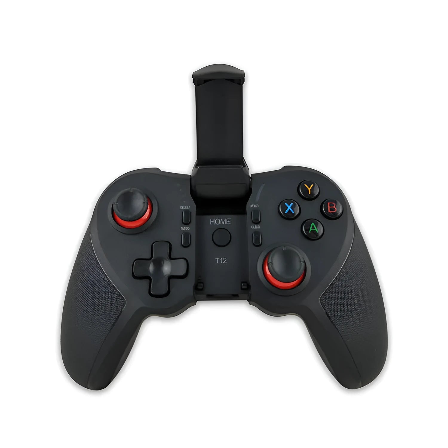 Black wireless Bluetooth game controller for Android iOS PC, 17.5 cm long, on light background
