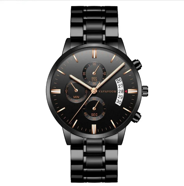 Men's stainless steel quartz watch with 43mm dial and metal bracelet in black, silver or blue colour options