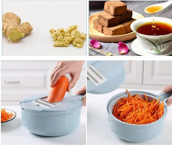 8 in 1 mandoline slicer with stainless steel blades, drain basket, container, and hand protector, blue or pink