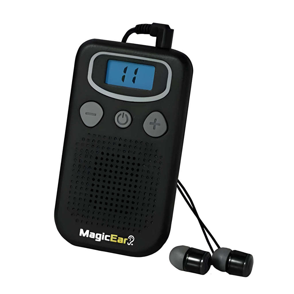 Digital display personal voice enhancer hearing amplifier with handheld FM radio design in Brilliant colour