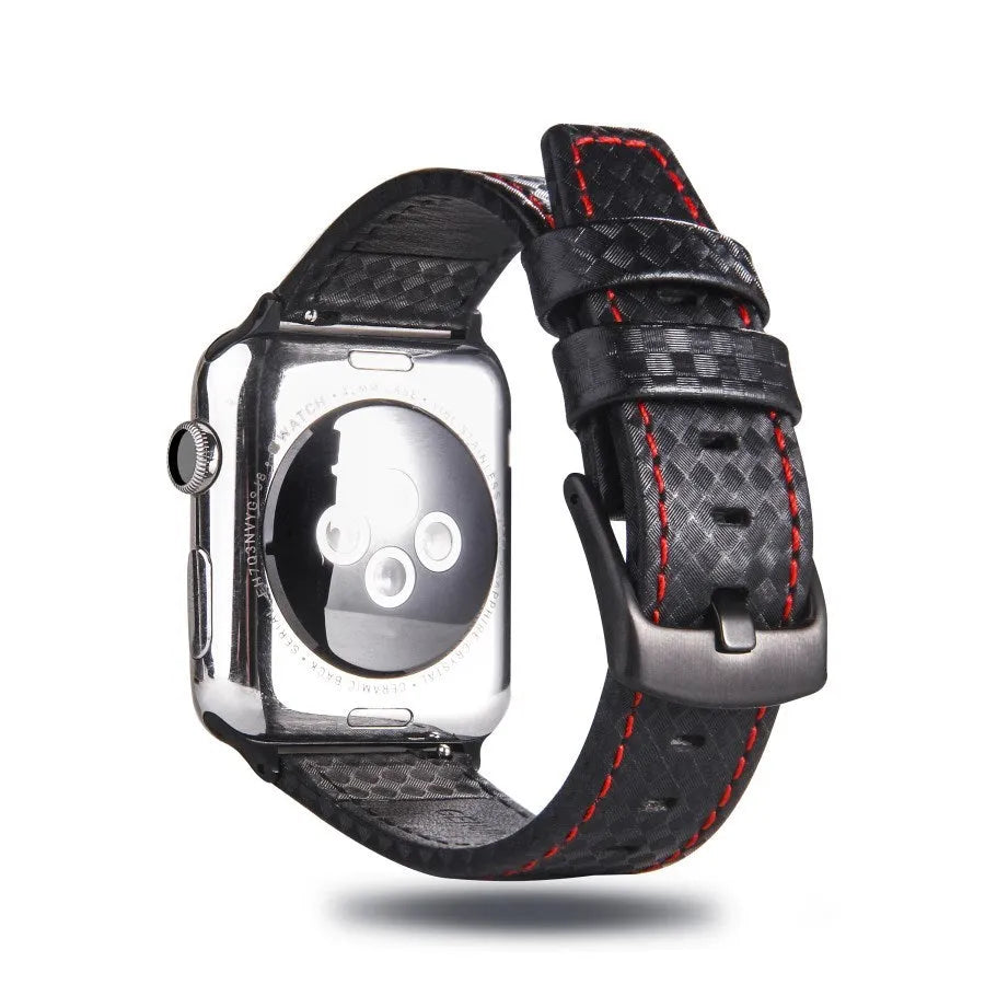 Carbon fibre and leather Apple Watch band with PC hard case in black, blue, orange, and red colour options