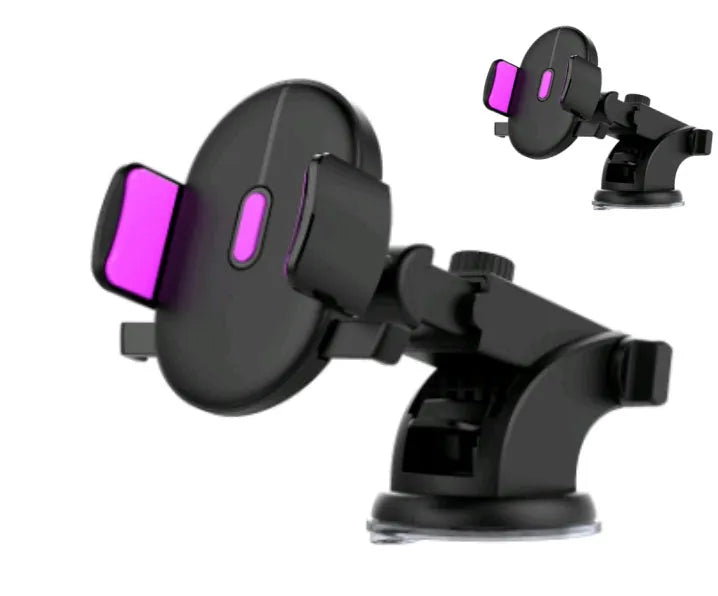 Yellow and black telescopic car phone holder with suction cup mounted on a car dashboard.